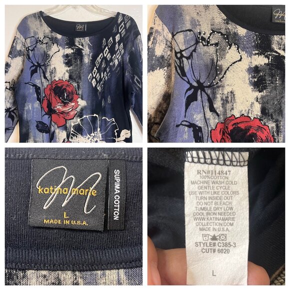 Katina Marie Womens L Supima Cotton 3/4 Sleeve Floral Print knit Sweater USA - Picture 11 of 16